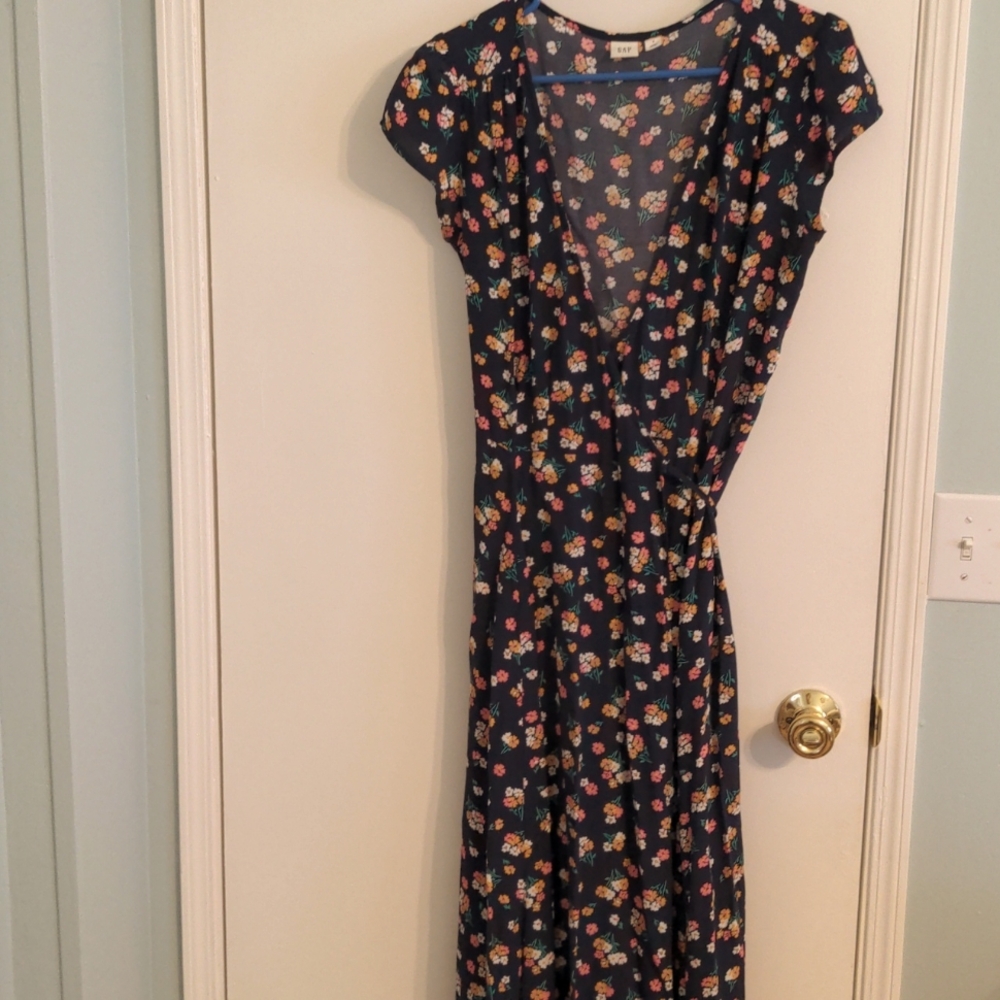GAP Navy Blue Floral Print Midi Wrap Dress